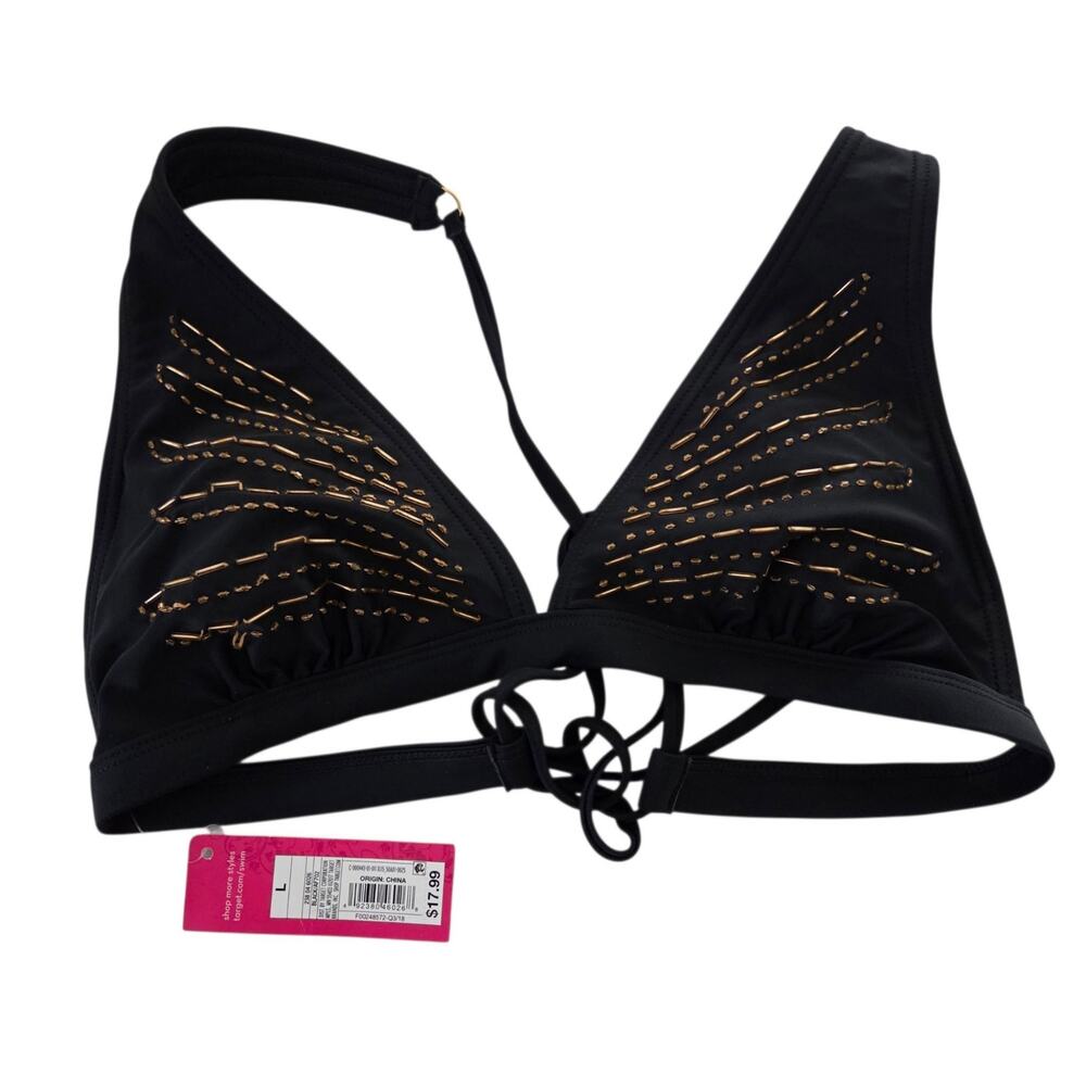 NEW Xhilaration Amber Beaded Black Tie Triangle Bikini Top LARGE